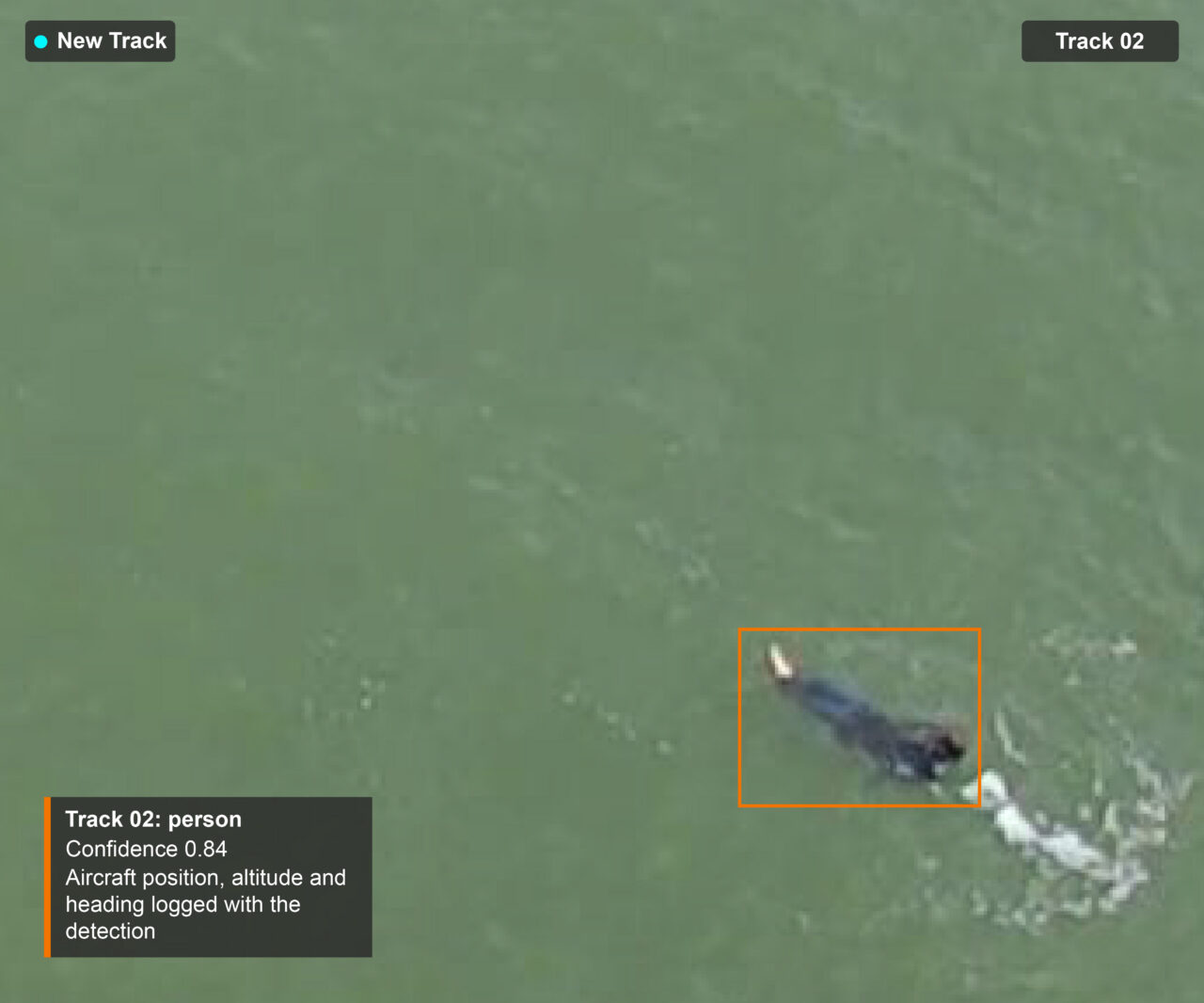 ALFRED operator view: one swimmer tracked as Track 02, with confidence and aircraft position logged